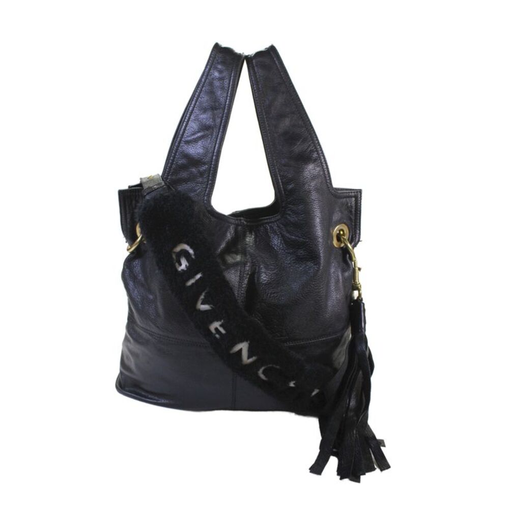Givenchy Women's Faux Fur Strap Embroidered Logo Leather Tote Handbag Black